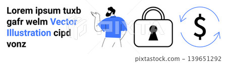 Online security, payment safety, financial transactions, business assurance, cybersecurity, digital money. Businessman gesturing near a lock icon and dollar symbol. Online security and payment safety Online security, payment safety, financial transactions, business assurance, cybersecurity, digital money. Businessman gesturing near a lock icon and dollar symbol. Online security and payment safety 139651292