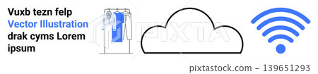 Cloud computing, wireless technology, internet communication, data storage, online access, web connectivity. Minimal icons of a cloud, wireless symbol and clothing rack. Cloud computing and wireless Cloud computing, wireless technology, internet communication, data storage, online access, web connectivity. Minimal icons of a cloud, wireless symbol and clothing rack. Cloud computing and wireless 139651293