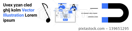 Digital marketing, e-commerce strategies, user engagement, online shopping, conversion rates, data trends. A combination of shopping cart icons and a magnet. Digital marketing and e-commerce Digital marketing, e-commerce strategies, user engagement, online shopping, conversion rates, data trends. A combination of shopping cart icons and a magnet. Digital marketing and e-commerce 139651295