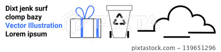 Sustainability, environmental care, waste management, recycling symbols, eco-friendly living, and gift culture. A trash bin, gift box and cloud icons. Recycling and environmental care concept Sustainability, environmental care, waste management, recycling symbols, eco-friendly living, and gift culture. A trash bin, gift box and cloud icons. Recycling and environmental care concept 139651296