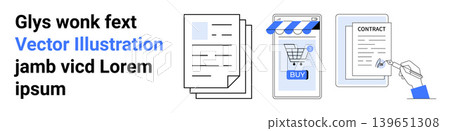 Business processes, digital contracts, e-commerce, online agreements, document signing, transaction completion. Document icons, shopping cart contract signature. E-commerce and digital contracts Business processes, digital contracts, e-commerce, online agreements, document signing, transaction completion. Document icons, shopping cart contract signature. E-commerce and digital contracts 139651308