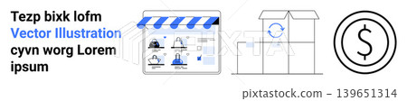 E-commerce, online shopping, shipping services, retail business, financial transactions, logistics. Digital storefront, shipping boxes and currency symbol. Online shopping and shipping services E-commerce, online shopping, shipping services, retail business, financial transactions, logistics. Digital storefront, shipping boxes and currency symbol. Online shopping and shipping services 139651314