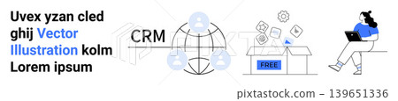 CRM platforms, online services, digital marketing, remote work, data storage, content sharing. Globe with icons, box labeled free person using laptop. CRM platforms and online services 139651336