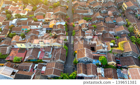 Aerial view of Hoi an ancient town at sunrise, Vietnam. Aerial view of Hoi an ancient town at sunrise, Vietnam. 139651381
