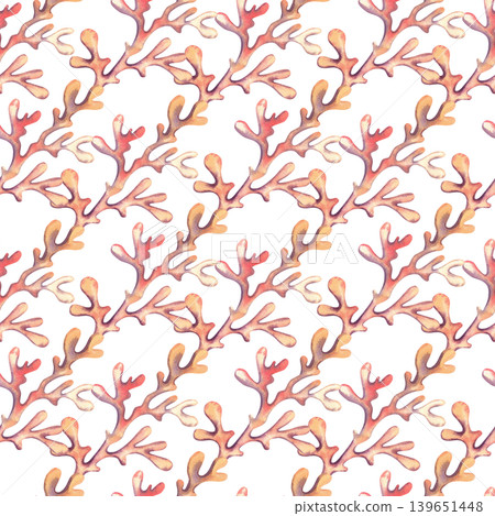Seamless diagonal pattern with hand drawn sea corals. Watercolor illustration of underwater seaweed in pink and orange colors for design, print, fabric, and packaging. 139651448