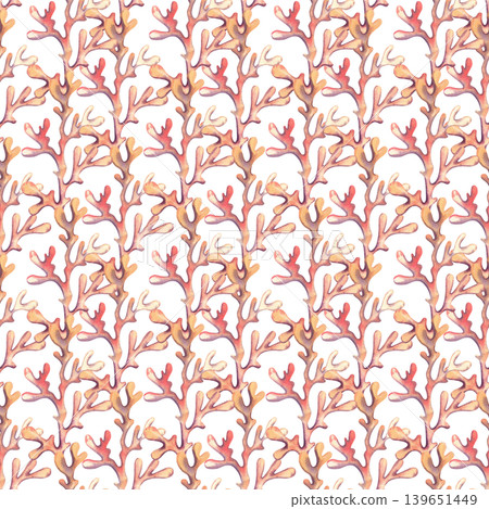 Hand drawn seamless pattern with sea corals. Watercolor illustration of underwater seaweed in pink and orange colors for design, print, fabric, and packaging. Hand drawn seamless pattern with sea corals. Watercolor illustration of underwater seaweed in pink and orange colors for design, print, fabric, and packaging. 139651449