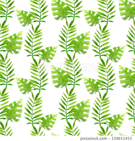 Green tropical palm leaves and monstera, bright summer watercolor seamless pattern hand drawn. Fresh, vibrant exotic plants for design, packaging, and fabric. Green tropical palm leaves and monstera, bright summer watercolor seamless pattern hand drawn. Fresh, vibrant exotic plants for design, packaging, and fabric. 139651453
