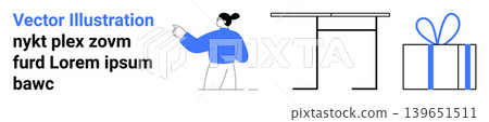 Graphic design, education, business, holiday, minimalism, vector art. Features a person gesturing, a table and a present. Graphic design and holiday illustrated with bold clean lines Graphic design, education, business, holiday, minimalism, vector art. Features a person gesturing, a table and a present. Graphic design and holiday illustrated with bold clean lines 139651511