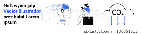 Artificial intelligence, education, carbon emission, technology, sustainability, human cognition. Brain and neural gear, woman with book CO2 in cloud. Artificial intelligence and education concept Artificial intelligence, education, carbon emission, technology, sustainability, human cognition. Brain and neural gear, woman with book CO2 in cloud. Artificial intelligence and education concept 139651512