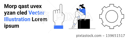 Technology, communication, reading, process, learning, instruction. A pointing hand, a sitting woman reading and a gear wheel icon. Technology and communication concepts are highlighted effectively Technology, communication, reading, process, learning, instruction. A pointing hand, a sitting woman reading and a gear wheel icon. Technology and communication concepts are highlighted effectively 139651517