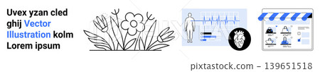 Nature, healthcare, e-commerce, diagnostics, human anatomy, digital retail. Black-and-white floral graphic, vital signs chart anatomy diagram online shopping interface. Nature and healthcare Nature, healthcare, e-commerce, diagnostics, human anatomy, digital retail. Black-and-white floral graphic, vital signs chart anatomy diagram online shopping interface. Nature and healthcare 139651518
