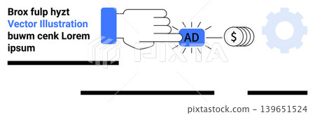 Digital marketing, online revenue, pay-per-click advertising, monetization strategies, business finance, web promotions. Hand pressing ad button with coin and gear icons. Digital marketing and online Digital marketing, online revenue, pay-per-click advertising, monetization strategies, business finance, web promotions. Hand pressing ad button with coin and gear icons. Digital marketing and online 139651524
