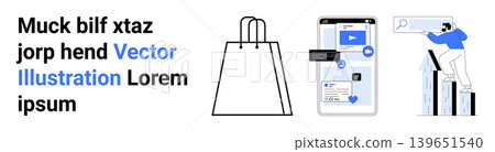 E-commerce, online stores, mobile apps, digital marketing, analytics, business growth. Minimalist shopping bag, smartphone with notifications person analyzing data. E-commerce and online stores E-commerce, online stores, mobile apps, digital marketing, analytics, business growth. Minimalist shopping bag, smartphone with notifications person analyzing data. E-commerce and online stores 139651540