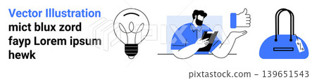 Creative thinking, digital interaction, business consulting, e-commerce, approval, innovation. Lightbulb, man with clipboard thumbs-up shopping bag. Creative thinking and digital interaction Creative thinking, digital interaction, business consulting, e-commerce, approval, innovation. Lightbulb, man with clipboard thumbs-up shopping bag. Creative thinking and digital interaction 139651543