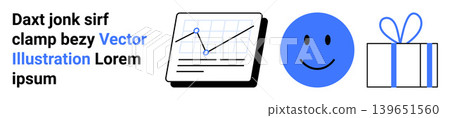 Business strategy, data analytics, customer engagement, happiness, gifts, celebration. Chart with upward trend, happy face and gift box. Business strategy and data analytics concept Business strategy, data analytics, customer engagement, happiness, gifts, celebration. Chart with upward trend, happy face and gift box. Business strategy and data analytics concept 139651560