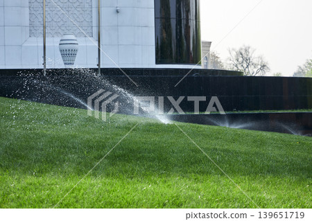 Automatic garden sprinkler watering green grass lawn. System spraying water on backyard landscaping. Ecological maintenance of public park and professional irrigation technology concept. Automatic garden sprinkler watering green grass lawn. System spraying water on backyard landscaping. Ecological maintenance of public park and professional irrigation technology concept. 139651719