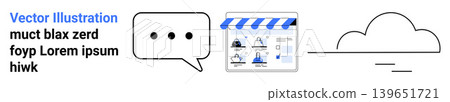 E-commerce, cloud storage, online communication, data sharing, website management, digital services. Speech bubble, storefront icon and cloud graphic. E-commerce and cloud storage concept E-commerce, cloud storage, online communication, data sharing, website management, digital services. Speech bubble, storefront icon and cloud graphic. E-commerce and cloud storage concept 139651721