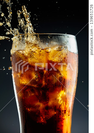 Sparkling cola is poured into a misted glass with ice. Sparkling cola is poured into a misted glass with ice. 139651726