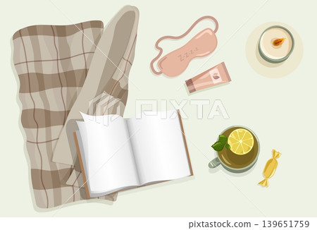 Minimalist Wellness Flat Lay Vector Open Book with Pink Sleep Mask Cream Tube Burning Candle Tea Cup and Checkered Blanket for Bedtime Routine Design Minimalist Wellness Flat Lay Vector Open Book with Pink Sleep Mask Cream Tube Burning Candle Tea Cup and Checkered Blanket for Bedtime Routine Design 139651759