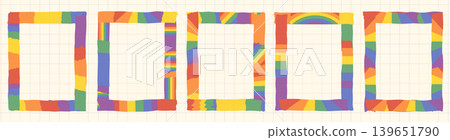 Rainbow pride washi tape vector frames set, LGBT scrapbook torn paper pieces borders, Colorful pride month journal and planner text box elements Rainbow pride washi tape vector frames set, LGBT scrapbook torn paper pieces borders, Colorful pride month journal and planner text box elements 139651790