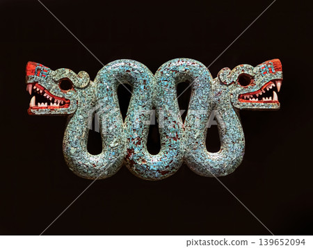 Double-Headed Aztec Serpent Mosaic Sculpture With Turquoise Inlay On Black Background Double-Headed Aztec Serpent Mosaic Sculpture With Turquoise Inlay On Black Background 139652094