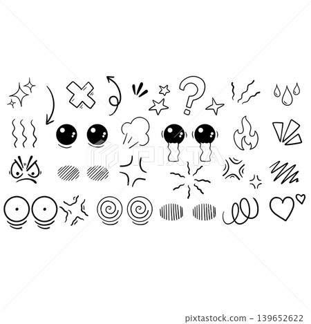 Comic anime symbols set, hand drawn manga emotion doodle collection. Question marks, clouds, hearts and black white graphic elements Comic anime symbols set, hand drawn manga emotion doodle collection. Question marks, clouds, hearts and black white graphic elements 139652622