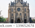 Roman Catholic Church of the Sacred Heart of Jesus in Tashkent. Gothic architecture of medieval style building. Religious historic landmark and christian heritage site in Uzbekistan. 139652678
