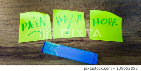 Notes on a desk expressing feelings of pain, help, and hope during a difficult time Notes on a desk expressing feelings of pain, help, and hope during a difficult time 139652858