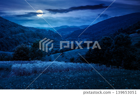 rural field on the hill at night. view in to the valley. countryside mountain landscape. full moon over alpine pasture near forested hills. inner strength to overcome fear, loneliness in darkness 139653051