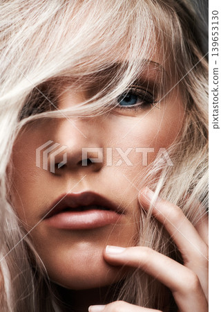 Portrait, woman and beauty in studio by haircare, make up and cosmetics by confident in foundation. Model, face and pride in glow in relax wellness and blonde hair by conditioner results as color Portrait, woman and beauty in studio by haircare, make up and cosmetics by confident in foundation. Model, face and pride in glow in relax wellness and blonde hair by conditioner results as color 139653130