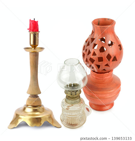 Collection of Vintage Lighting Objects Including Brass Candlestick and Kerosene Lamp Collection of Vintage Lighting Objects Including Brass Candlestick and Kerosene Lamp 139653133