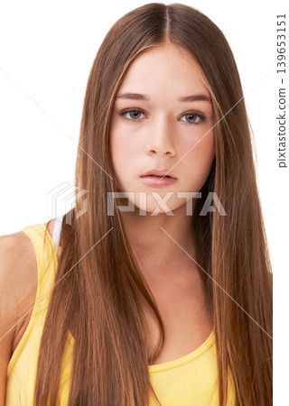 Cosmetics, fashion and portrait of girl on a white background with attitude, confidence and style. Teenager, youth and isolated young person with trendy clothes, casual outfit and stylish in studio Cosmetics, fashion and portrait of girl on a white background with attitude, confidence and style. Teenager, youth and isolated young person with trendy clothes, casual outfit and stylish in studio 139653151