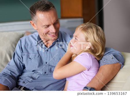 Father, girl and hug for bonding, happiness and love in childhood by single parent at home. Daughter, daddy and together in embrace, trust and support or security and enjoying connection and care Father, girl and hug for bonding, happiness and love in childhood by single parent at home. Daughter, daddy and together in embrace, trust and support or security and enjoying connection and care 139653167