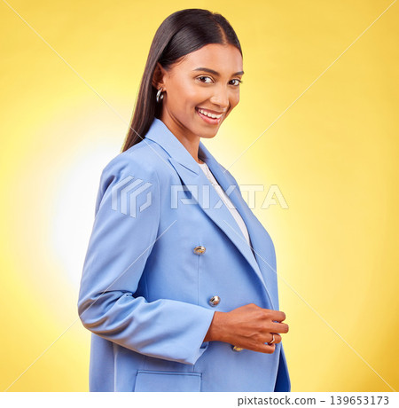 Business woman, smile and portrait with professional style and fashion in a studio. Yellow background, happy and female creative worker from India with job pride and writer agency career confidence Business woman, smile and portrait with professional style and fashion in a studio. Yellow background, happy and female creative worker from India with job pride and writer agency career confidence 139653173