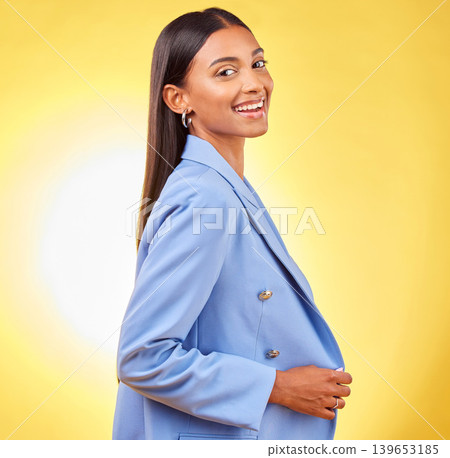 Business woman, worker and portrait with professional style and fashion in a studio. Yellow background, happy and female creative employee from India with pride and writer agency career confidence 139653185