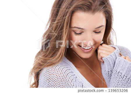 Woman, fashion and cosmetics in studio, smiling and confidence for haircare on white background. Happy female person, makeup and pride for beauty, satisfaction and positive attitude for hairstyle 139653206