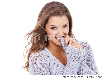 Woman, fashion and cosmetics in studio portrait, smiling and confidence for casual outfit on white background. Female person, makeup and pride for beauty, satisfaction and positive attitude for hair Woman, fashion and cosmetics in studio portrait, smiling and confidence for casual outfit on white background. Female person, makeup and pride for beauty, satisfaction and positive attitude for hair 139653264