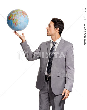 Business man with globe, planet or earth isolated on a white studio background. Person in suit, world map and geography, environment conversation and future protection, ecology and sustainability Business man with globe, planet or earth isolated on a white studio background. Person in suit, world map and geography, environment conversation and future protection, ecology and sustainability 139653265