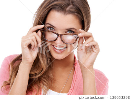 Woman, portrait and insurance for glasses in studio, eyecare and prescription on white background. Happy female person, ophthalmology and spectacles for eyesight, frame and optic lenses for support Woman, portrait and insurance for glasses in studio, eyecare and prescription on white background. Happy female person, ophthalmology and spectacles for eyesight, frame and optic lenses for support 139653298