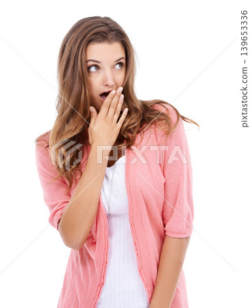 Woman, surprise and wtf for gossip and information, announcement and discount or sale in studio. Female person, shock and omg for promotion and drama, secret and unexpected rumor by white background 139653336