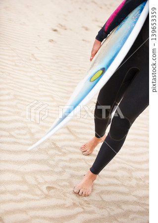 Surfer, man or feet on beach sand with surfboard on vacation or adventure for fitness, walking or travel. Legs of athlete, outdoor or surfing at sea on holiday in Hawaii or ocean in extreme sports 139653359