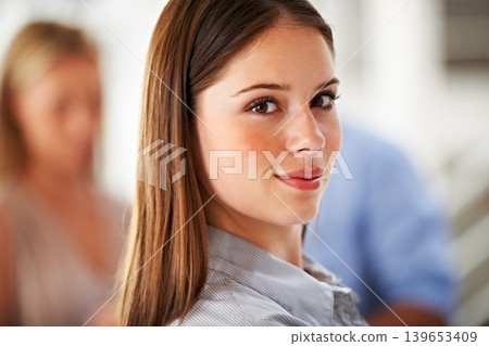 Portrait, happy and internship with a business woman in her office on a blurred background for career. Face, mindset and confident with a young employee closeup in the workplace of a design agency Portrait, happy and internship with a business woman in her office on a blurred background for career. Face, mindset and confident with a young employee closeup in the workplace of a design agency 139653409