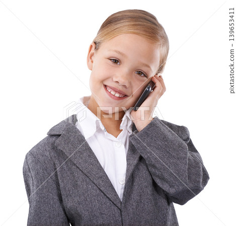 Business, phone call and child in studio portrait, networking and communication on white background. Female person, pretend professional and playing, consulting and connection on smartphone for news Business, phone call and child in studio portrait, networking and communication on white background. Female person, pretend professional and playing, consulting and connection on smartphone for news 139653411