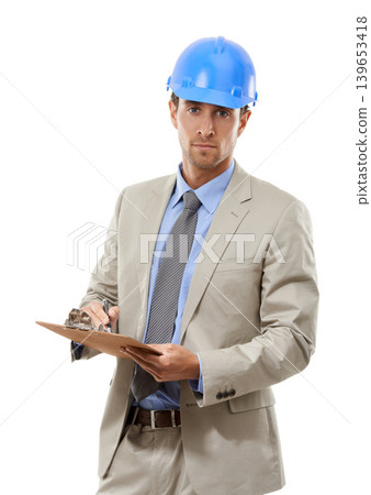 Businessman, portrait and architect with clipboard or hard hat for signing or inspection on a white studio background. Man, contractor or engineer with documents for architecture or construction 139653418