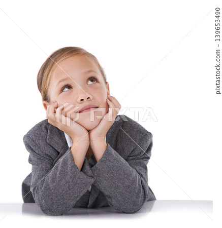 Child, thinking and business career in suit for future professional dreams, white background or studio. Kid, girl and desk for grownup goals as worker in corporate company, thoughts or mockup space Child, thinking and business career in suit for future professional dreams, white background or studio. Kid, girl and desk for grownup goals as worker in corporate company, thoughts or mockup space 139653490