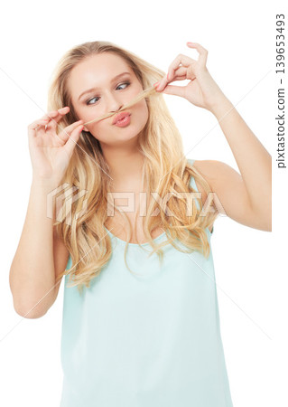 Hair, comic moustache and woman on a white background with cosmetics, funny joke and positive attitude. Fashion, humor and isolated confident person in trendy clothes, style and outfit in studio 139653493