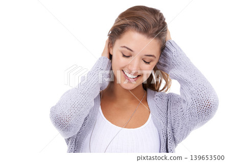 Happy, hair and woman in studio for beauty, care or touching shampoo results on white background. Haircare, smile and female model with conditioner, treatment or texture for growth satisfaction 139653500