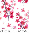 Elegant seamless watercolor pattern featuring blooming cherry blossom branches with vibrant pink and red flowers. Hand drawn botanical illustration perfect for spring designs and romantic decor. 139653560