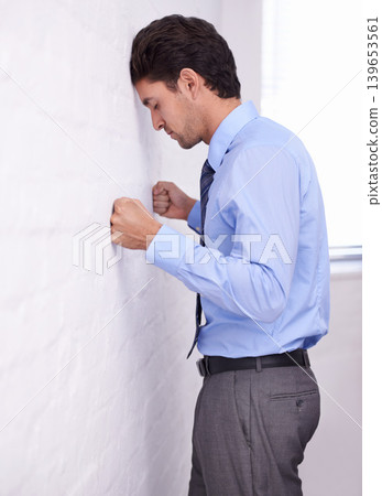 Businessman, stress and head on wall for depression, burnout and anxiety for challenge fail. Financial crisis, frustrated and a tired professional in bankruptcy, debt and worry for office mistake Businessman, stress and head on wall for depression, burnout and anxiety for challenge fail. Financial crisis, frustrated and a tired professional in bankruptcy, debt and worry for office mistake 139653561