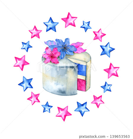Watercolor illustration of a festive cake decorated with pink and blue flowers, surrounded by a circular frame of bright stars. Hand drawn sweet dessert composition for birthday and gender reveal Watercolor illustration of a festive cake decorated with pink and blue flowers, surrounded by a circular frame of bright stars. Hand drawn sweet dessert composition for birthday and gender reveal 139653563
